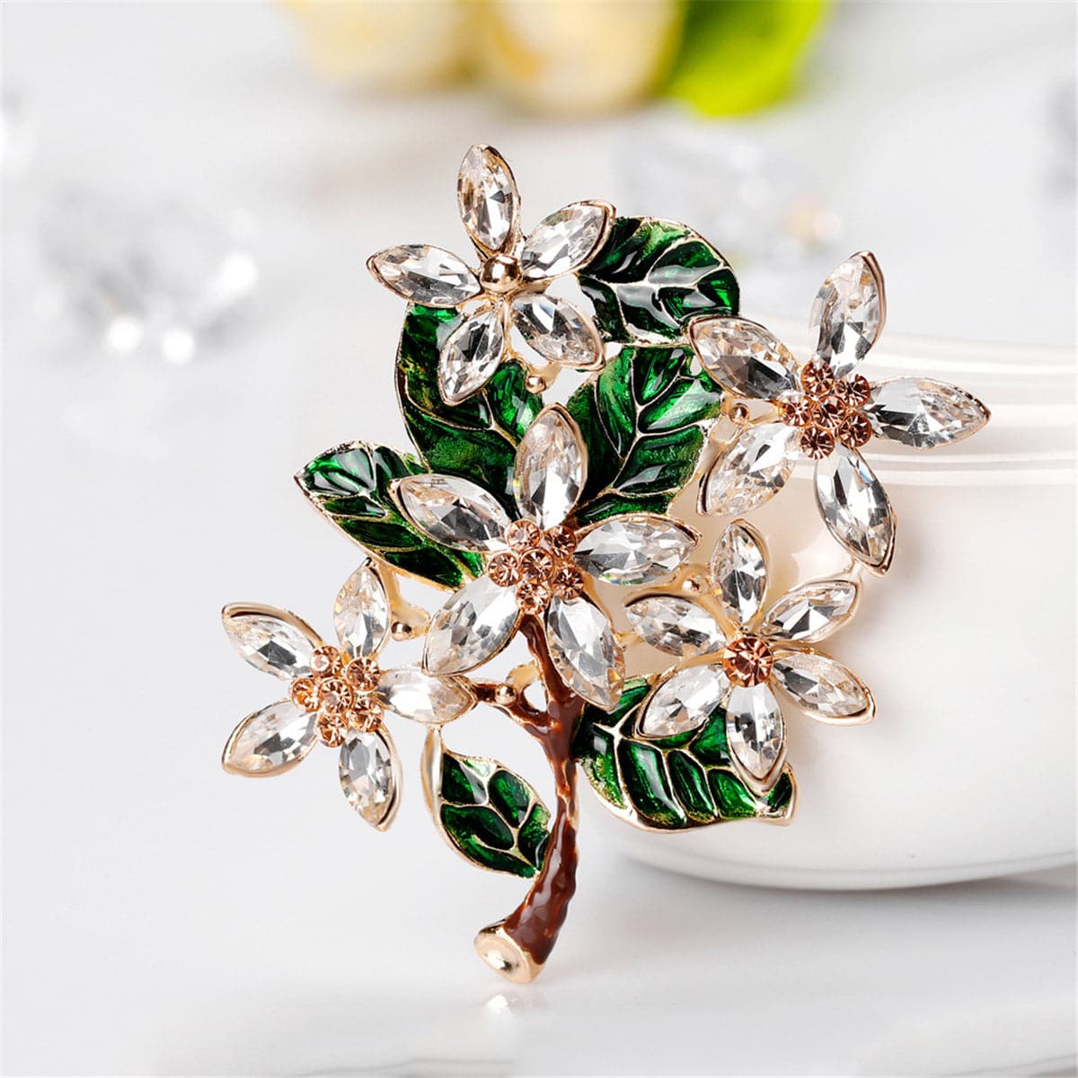 Green Crystal & Cubic Zirconia Leaves Brooch