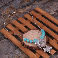 Turquoise & Silver-Plated Fish Pendant Necklace