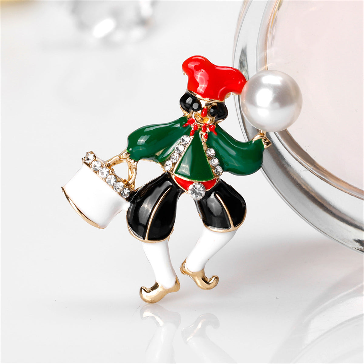 Cubic Zirconia and Pearl Enamel 18k Gold-Plated Clown Brooch, gold brooch pin, dainty minimalist design, front view