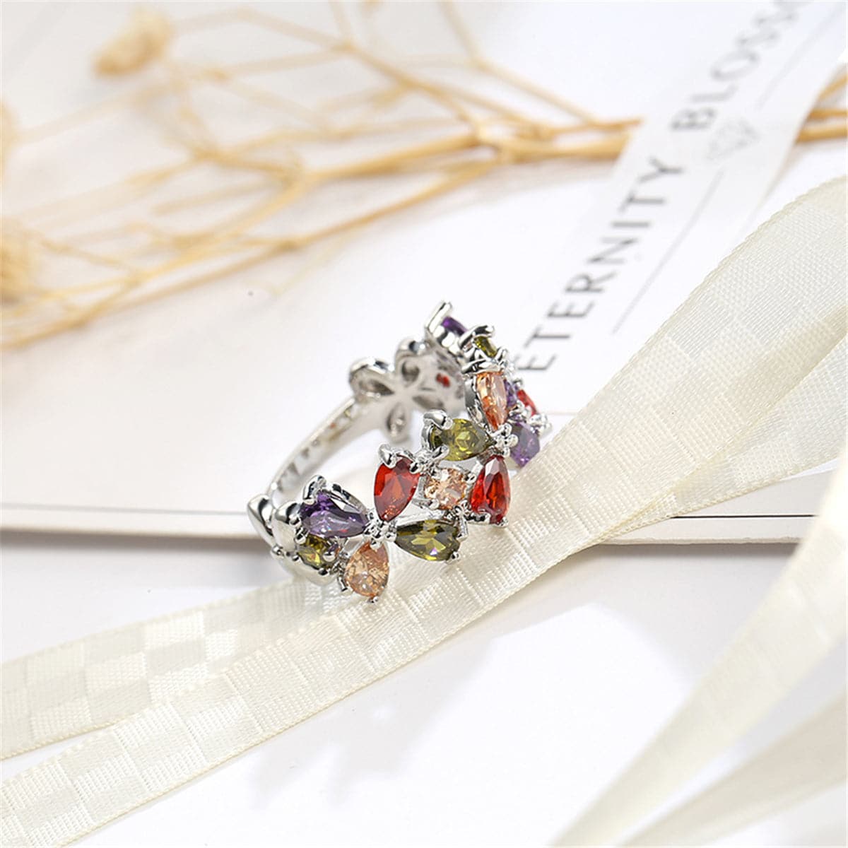 Red & Purple Cubic Zirconia & Crystal Floral Pear-Cut Ring