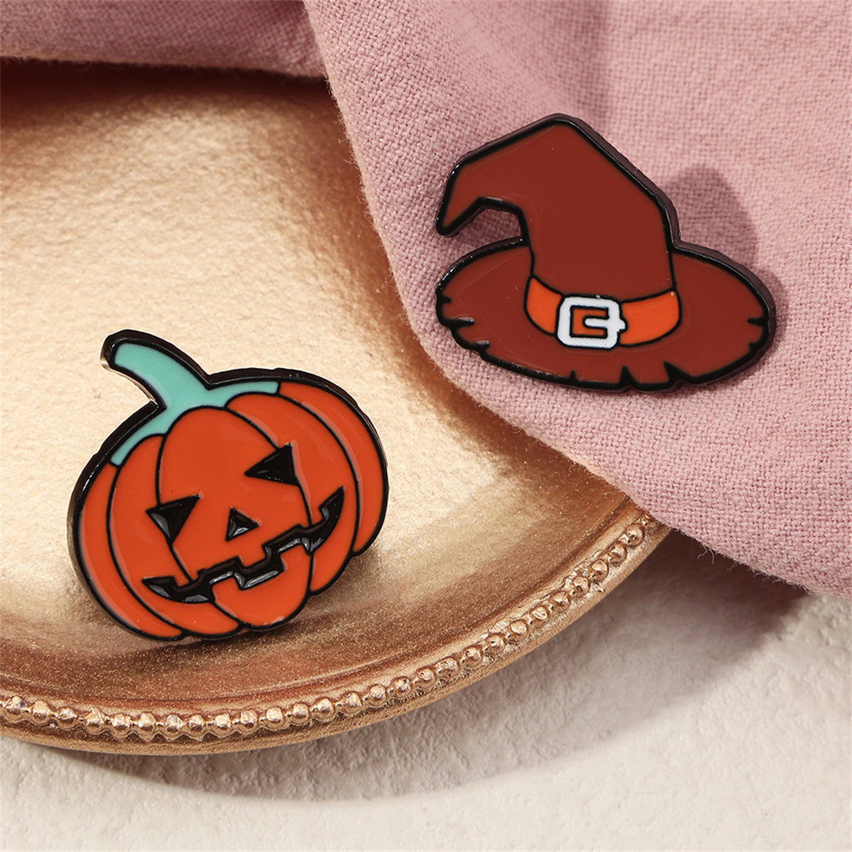 Enamel & Rhodium Plated Pumpkin Witch Hat Badge Set