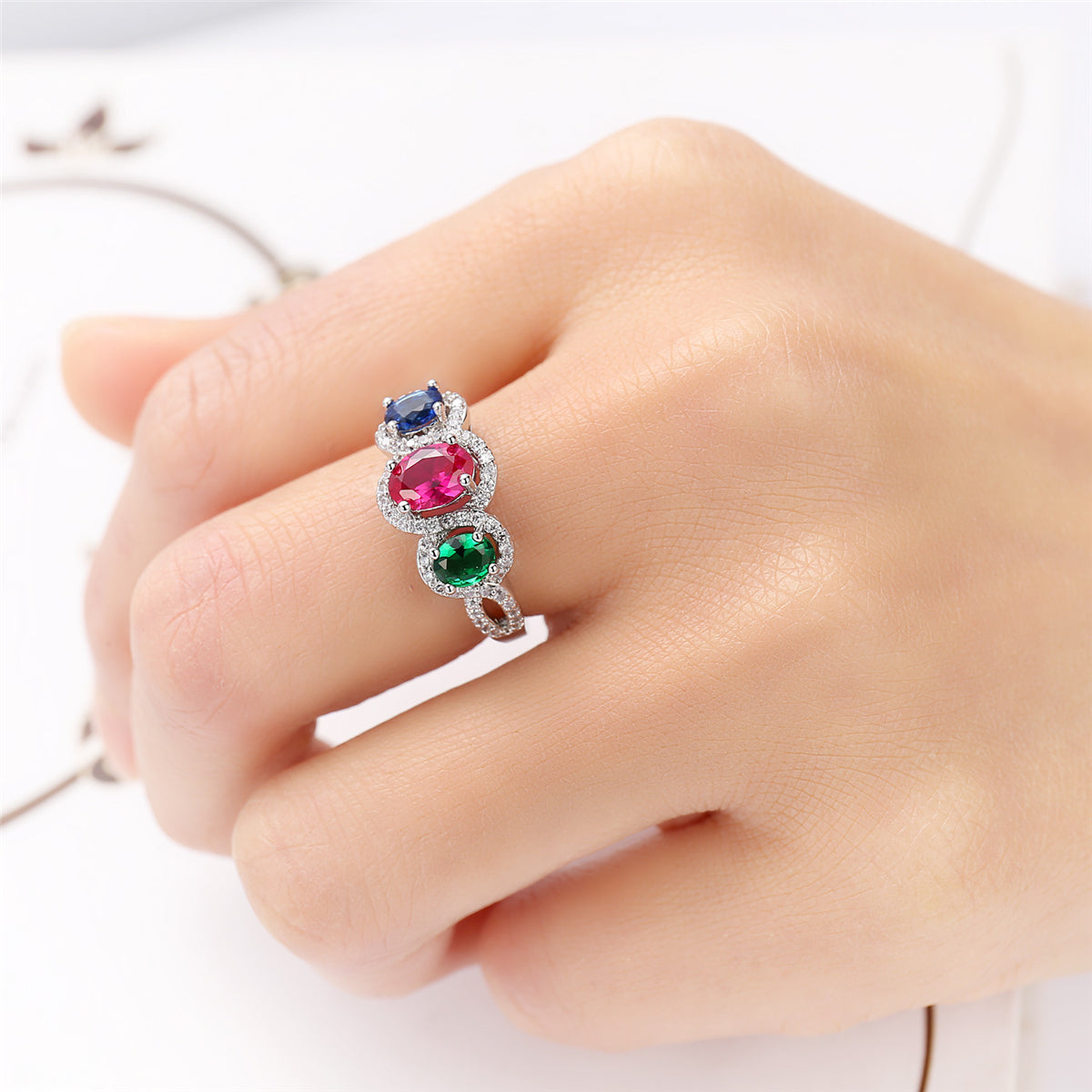 Crystal and Cubic Zirconia Trio Ring, statement rings for women, vintage-inspired design, detail close-up