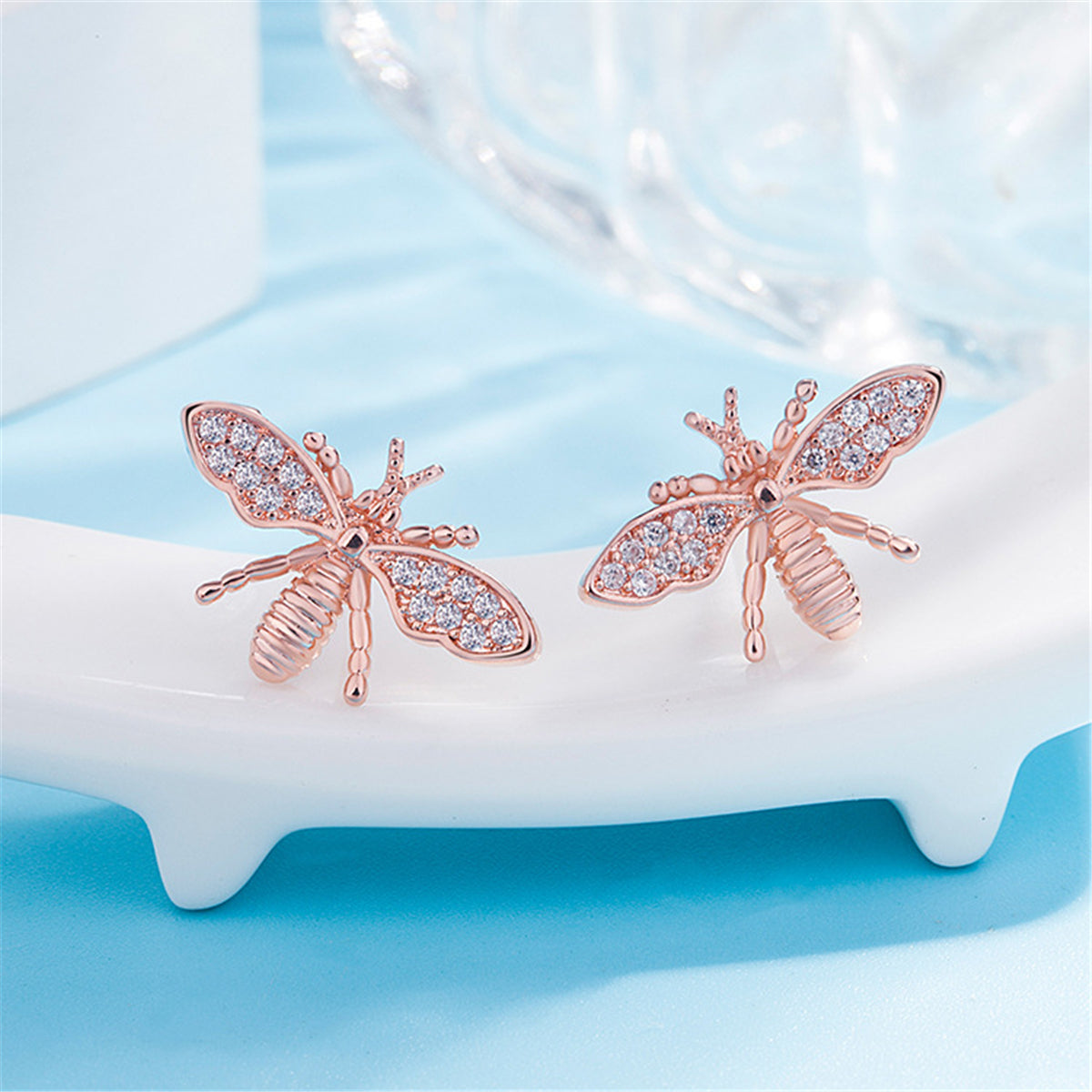 Cubic Zirconia and 18K Rose Gold-Plated Bee Stud Earring, rose gold stud earrings for women, botanical inspired, side view