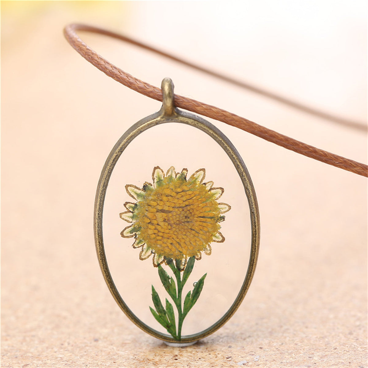 Yellow Mum Oval Pendant Necklace