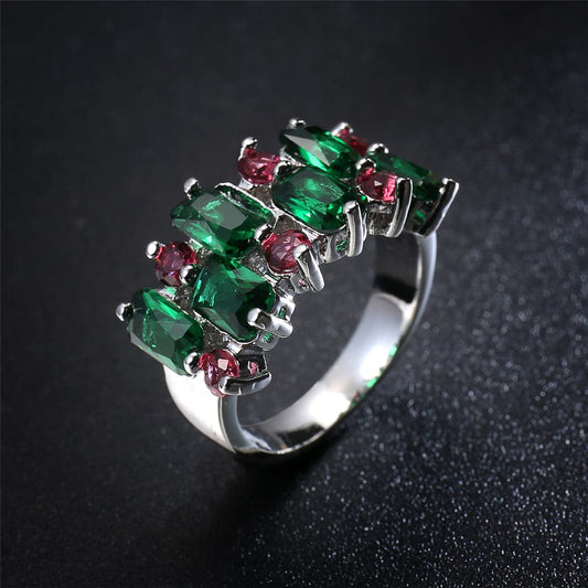 Green and Rose Pink Cubic Zirconia and Crystal Cluster Ring, statement rings for women, elegant gift for her, front view
