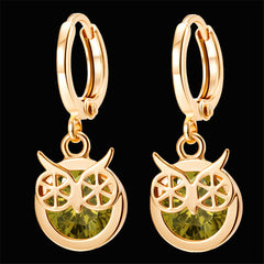 Green Cubic Zirconia & 18K Gold-Plated Owl Bezel Drop Earrings