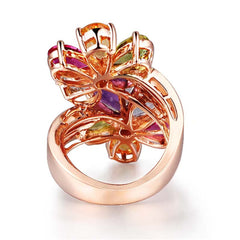Rainbow Crystal & 18K Rose Gold-Plated Flower Band Ring