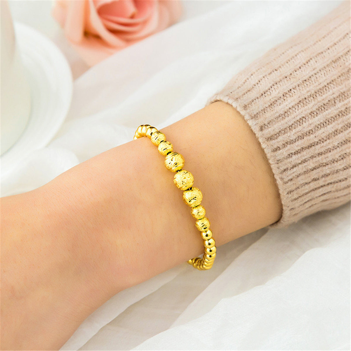 18K Gold-Plated Frosted Bead Bracelet, gold bracelet for women, dainty minimalist design, side view