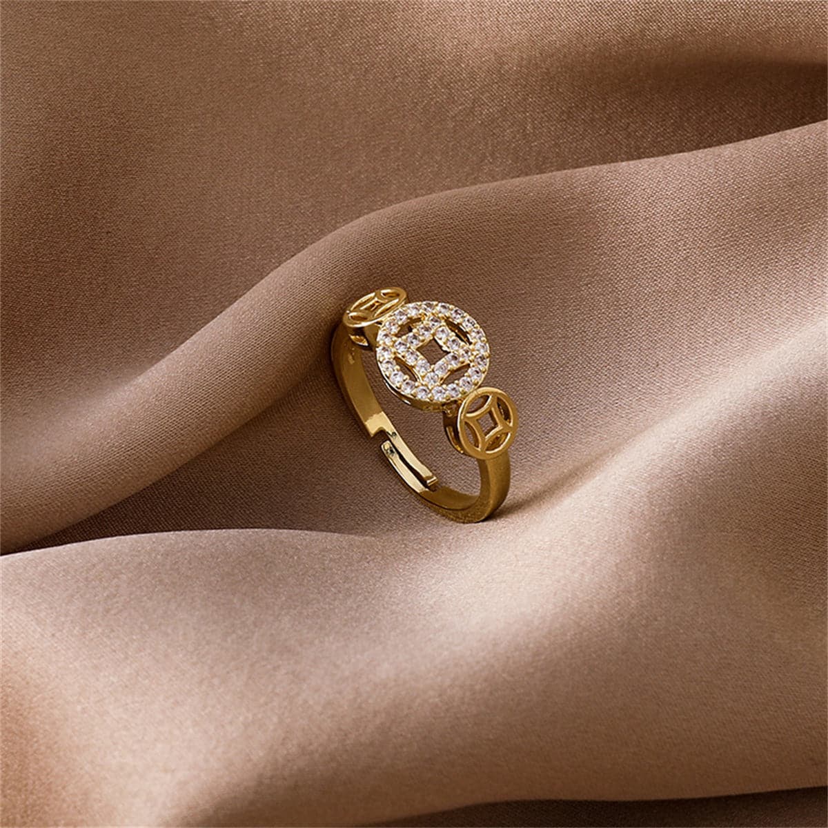 Cubic Zirconia and 18K Gold-Plated Coin Adjustable Ring, gold statement rings for women, everyday style, lifestyle look