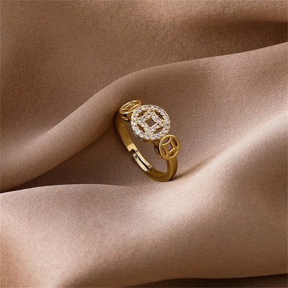 Cubic Zirconia and 18K Gold-Plated Coin Adjustable Ring, gold statement rings for women, everyday style, lifestyle look