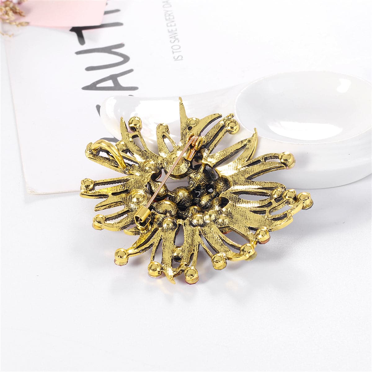 Magenta & Purple Crystal Milgrain Cluster Floral Brooch