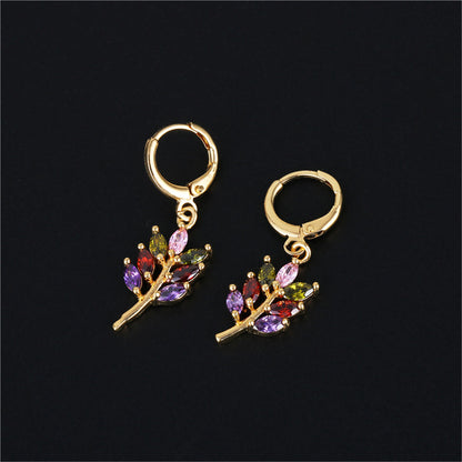 Multicolor Crystal and 18K Gold-Plated Salix Leaf Drop Earrings, gold drop earrings for women, botanical inspired, side view