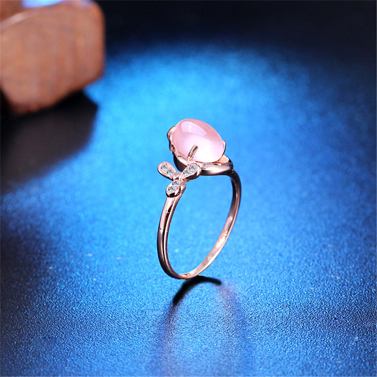 Pink Cats Eye & Cubic Zirconia Floral Adjustable Ring
