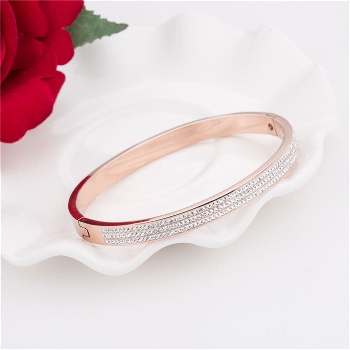 Cubic Zirconia and 18K Rose Gold-Plated Pavé-Set Layer Bangle, rose gold bangle bracelet, detail close-up