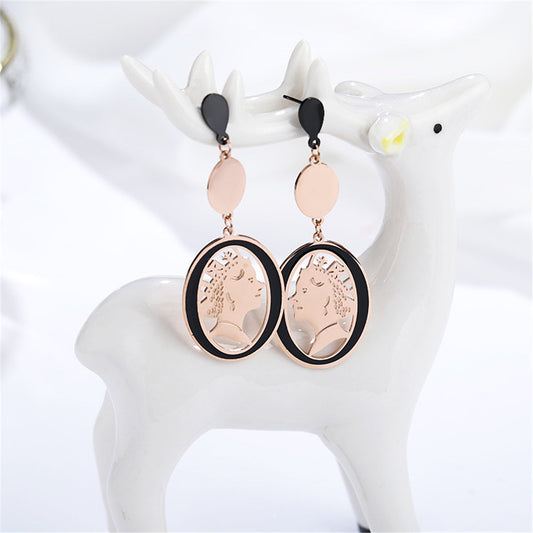 Black Acrylic and 18K Rose Gold-Plated Queen Cameo Drop Earrings, rose gold drop earrings for women, front view