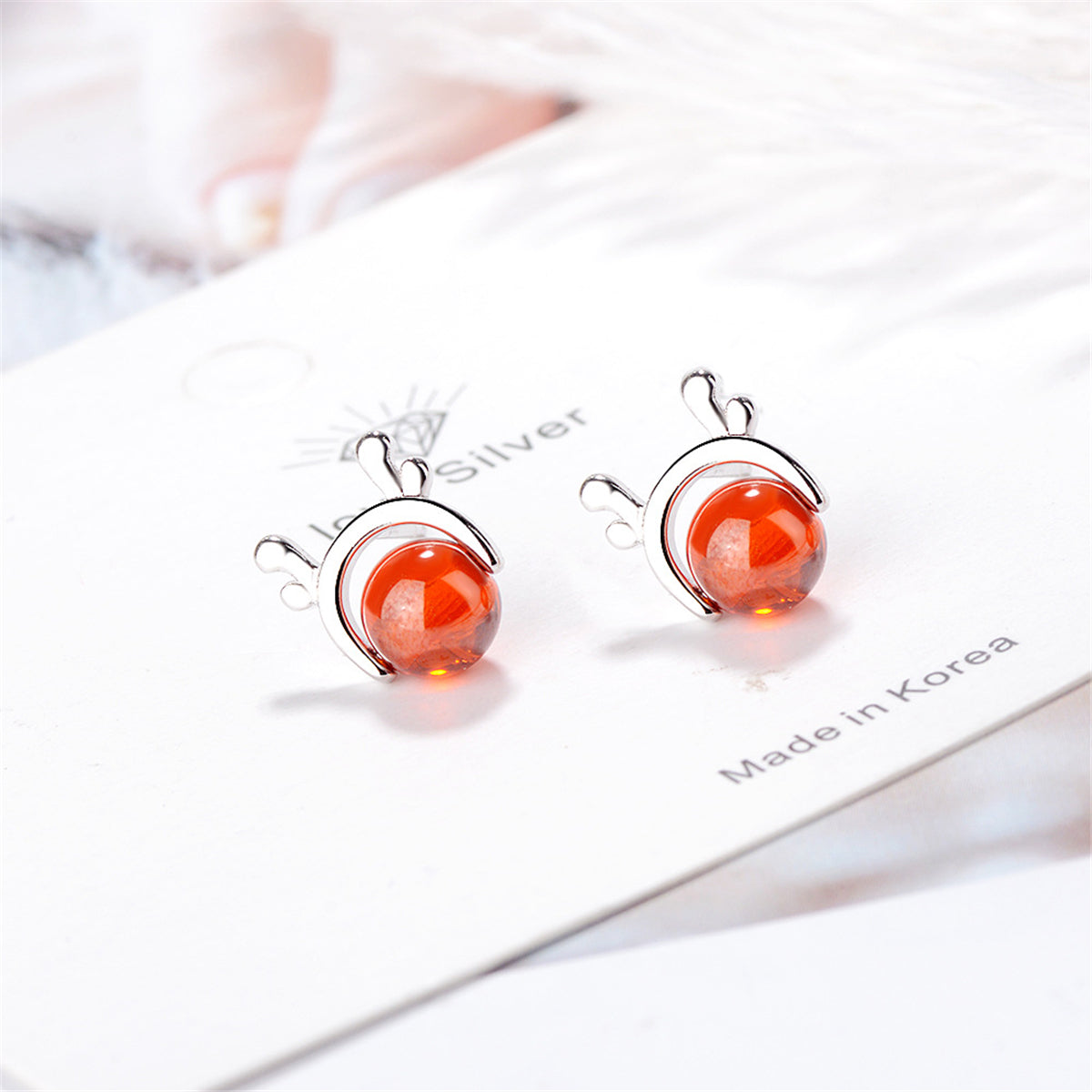 Red Crystal and Silver-Plated Deer Antler Stud Earrings, silver stud earrings for women, detail close-up
