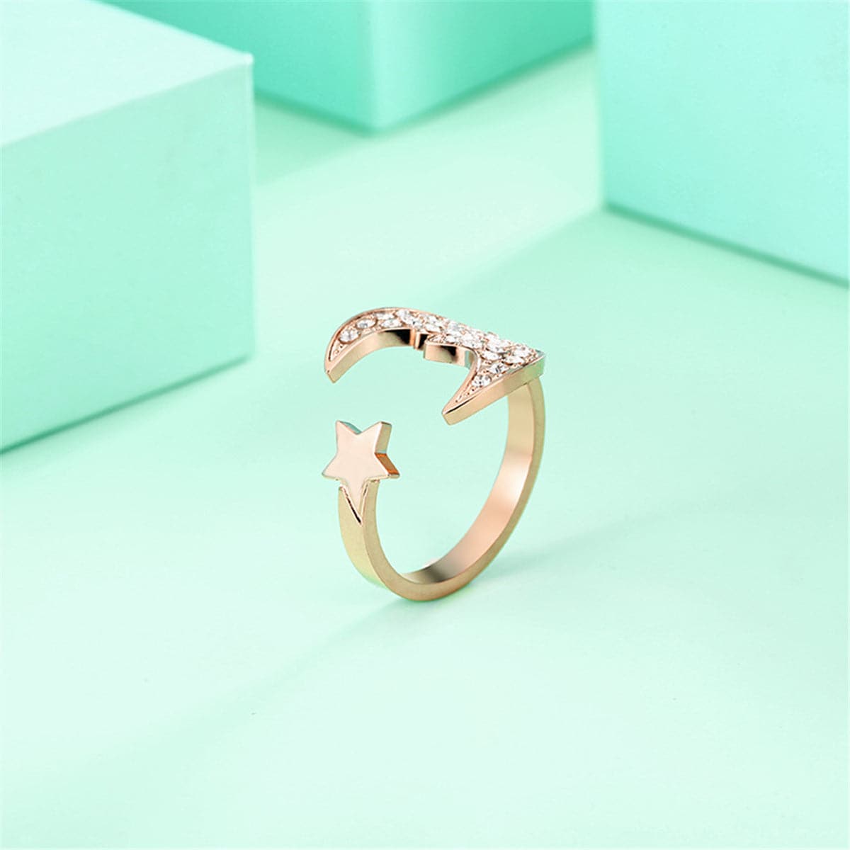 Cubic Zirconia & 18K Rose Gold-Plated Moon & Star Open Ring