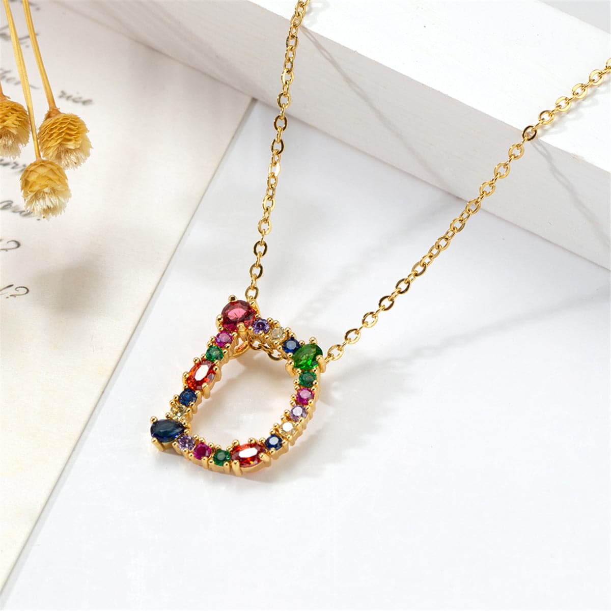 Red Multicolor Crystal and Cubic Zirconia Letter D Pendant Necklace, pendant necklace for women, everyday style, front view
