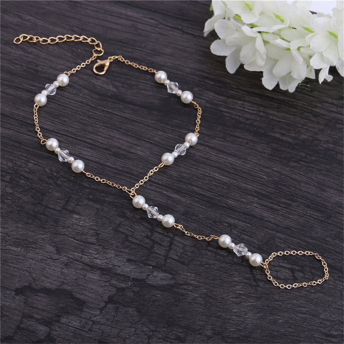 Pearl and 18K Gold-Plated Ankle-To-Toe Ring Station Anklet, gold statement rings for women, side view