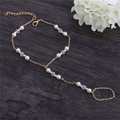 Pearl and 18K Gold-Plated Ankle-To-Toe Ring Station Anklet, gold statement rings for women, side view