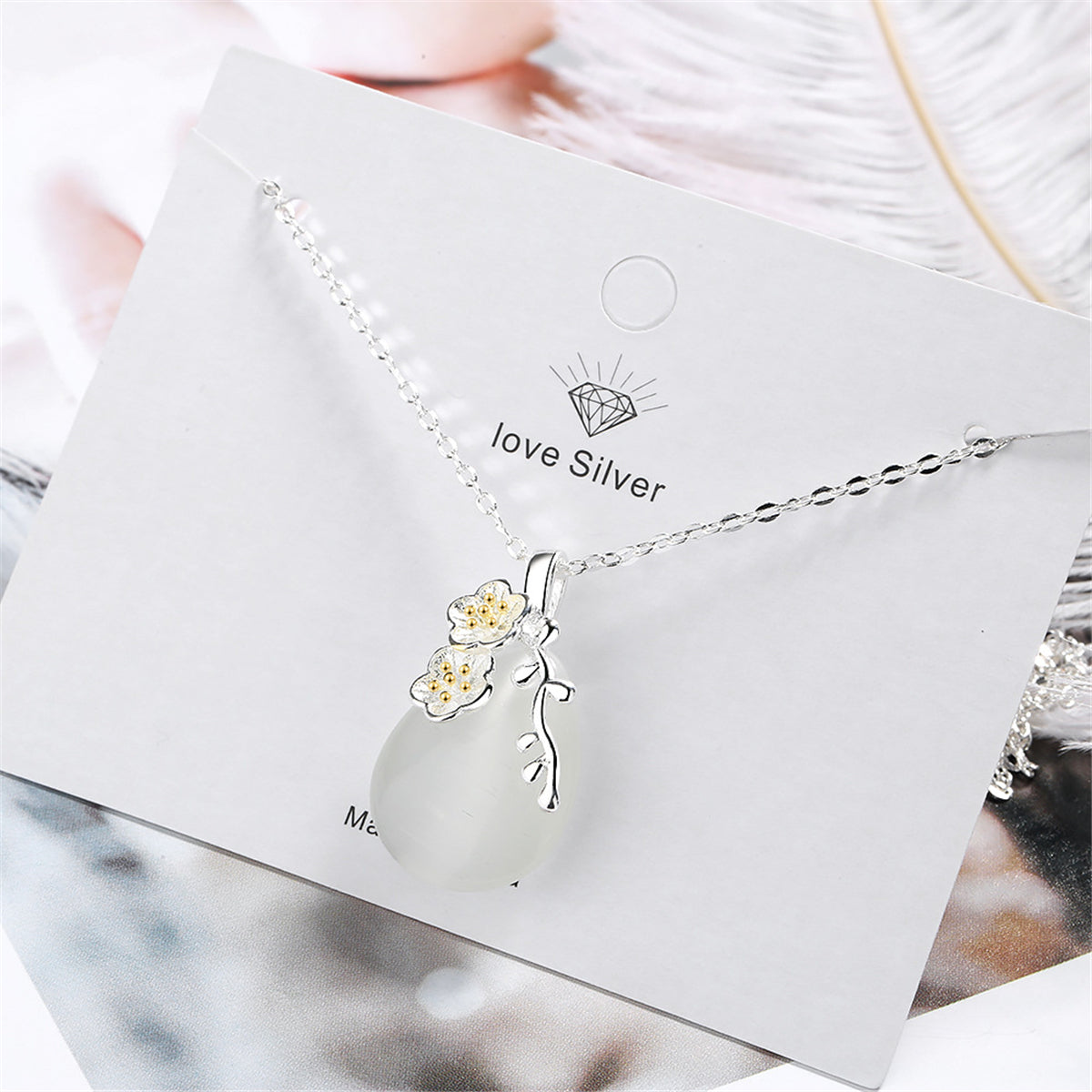 Cat Eye & Two-Tone Sakura Pendant Necklace