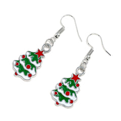Green Enamel & Silver-Plated Christmas Tree Drop Earrings