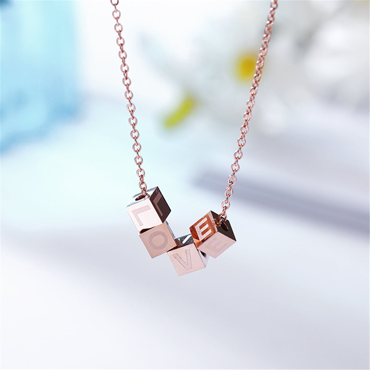 18K Rose Gold-Plated Linked-Cube Pendant Necklace, rose gold pendant necklace for women, elegant gift for her, front view