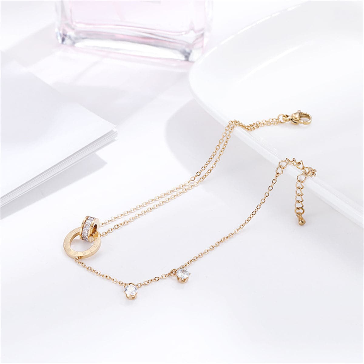 18K Rose Gold-Plated and Cubic Zirconia Crossing Ring Charm Anklet, rose gold anklet bracelet, side view
