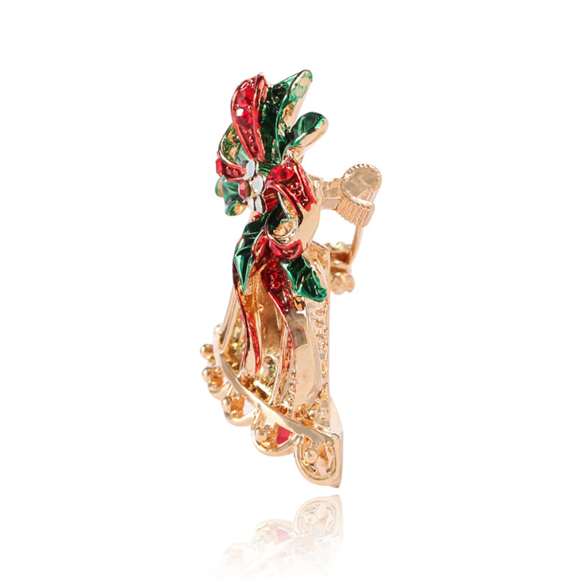 Cubic Zirconia and Enamel 18K Gold-Plated Christmas Bow Bell Brooch, gold brooch pin, elegant gift for her, side view