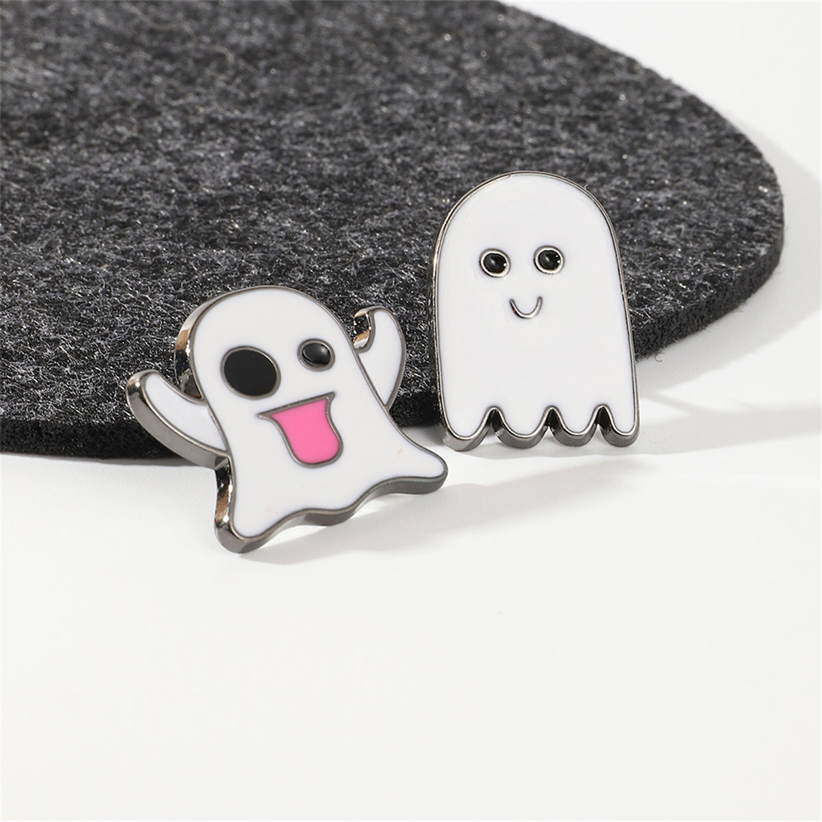 White and Silver-Plated Ghost Enamel Pin Set, silver brooch pin, dainty minimalist design, side view