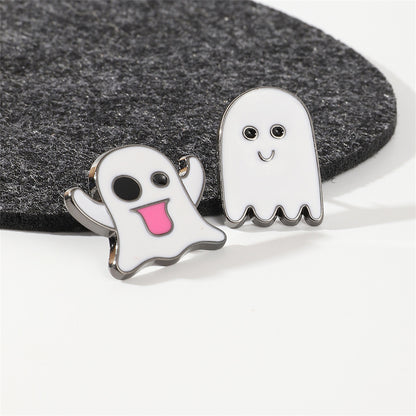 White and Silver-Plated Ghost Enamel Pin Set, silver brooch pin, dainty minimalist design, side view