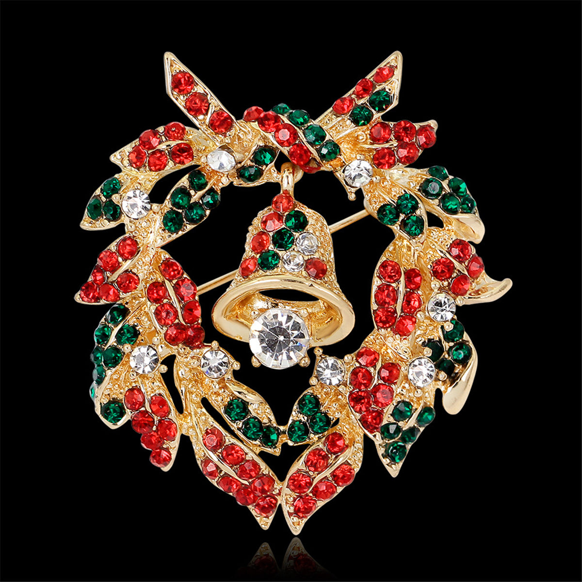 Cubic Zirconia and 18K Gold-Plated Bell Botany Wreath Brooch, gold brooch pin, vintage-inspired design, detail close-up