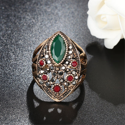Green and Red Resin 18K Gold-Plated Geometric Ring, gold statement rings for women, vintage-inspired design, front view
