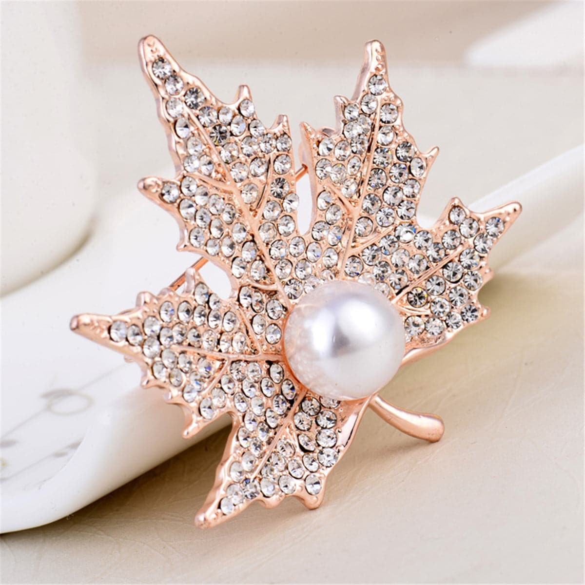 Pearl & Cubic Zirconia 18K Gold-Plated Maple Leaf Brooch