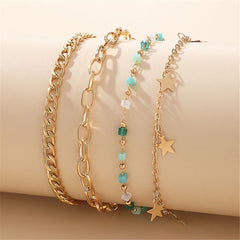 Blue & 18K Gold-Plated Star Station Figaro Anklet Set