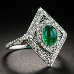 Green Crystal & Cubic Zirconia Silver-Plated Vintage-Inspired Rhombus Ring