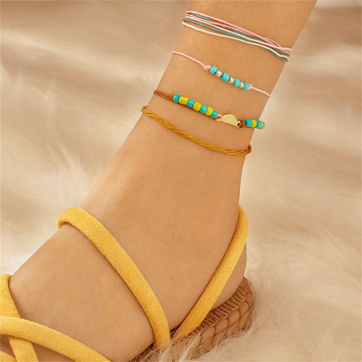 Turquoise and Yellow Multi-Strand Anklet Set, jewelry gift sets for women, vintage-inspired design, side view