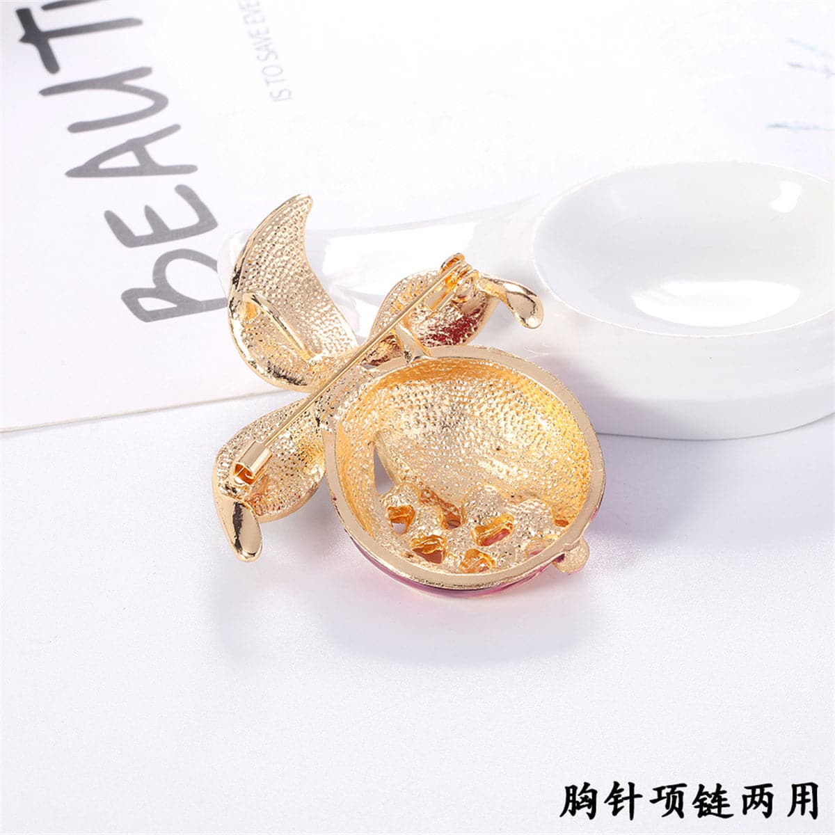 Clear Cubic Zirconia and Pearl Enamel 18K Gold-Plated Pomegranate Brooch, gold brooch pin, styled look