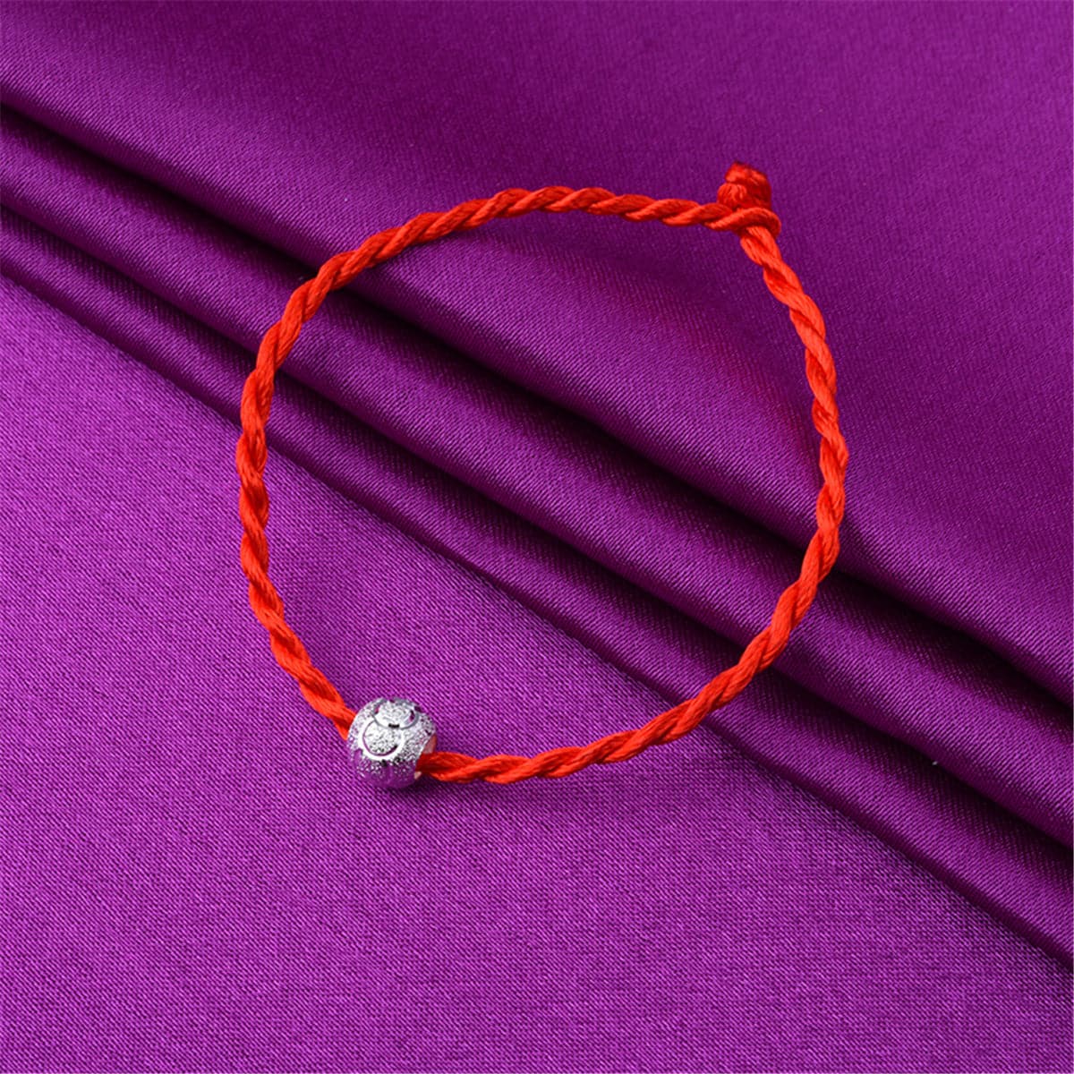 Red Polyster & Silver-Plated Frosted Bead-Accent Lucky Anklet