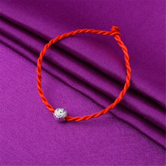Red Polyster & Silver-Plated Frosted Bead-Accent Lucky Anklet