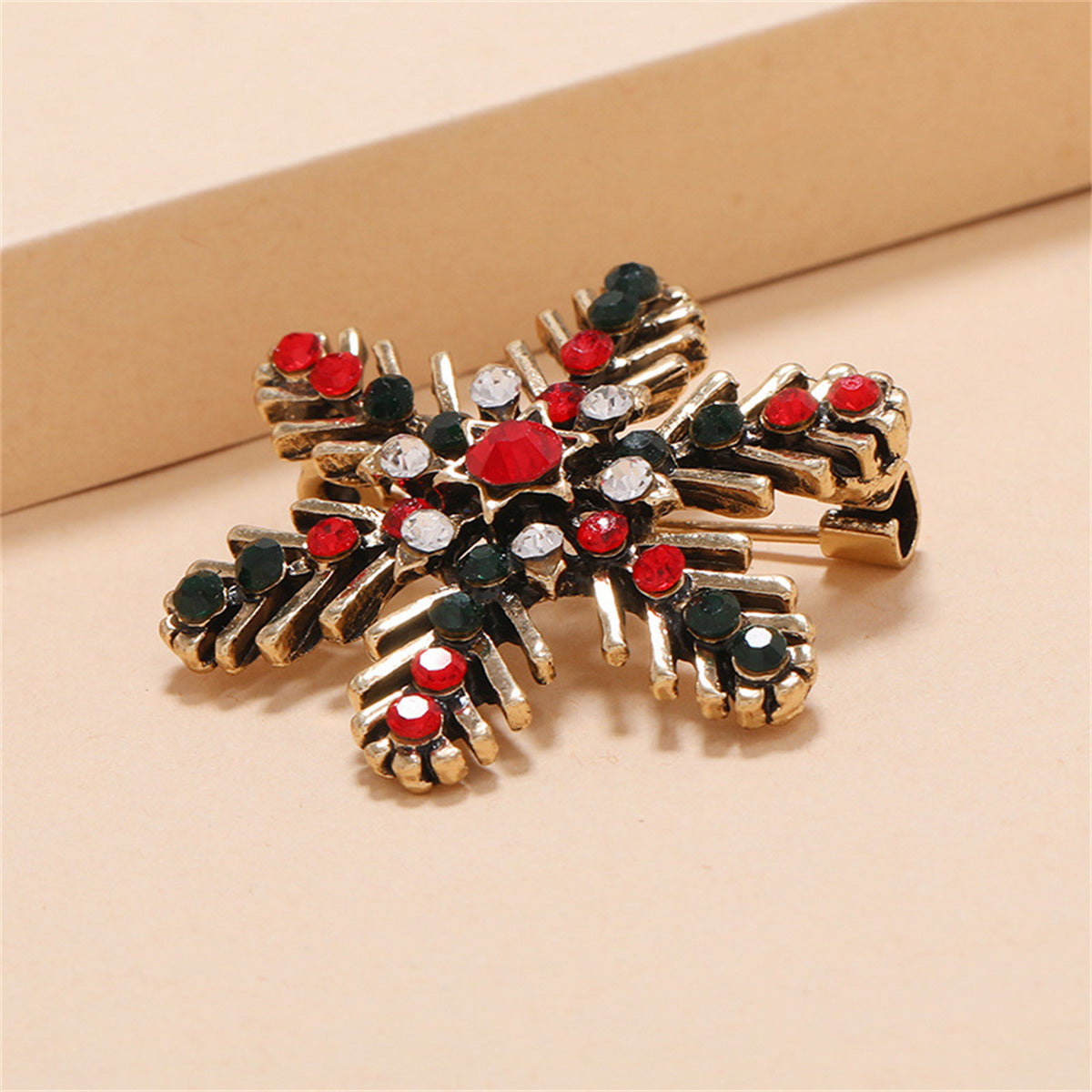 Black and Red Cubic Zirconia 18K Gold-Plated Snowflake Brooch, gold brooch pin, botanical inspired, styled look