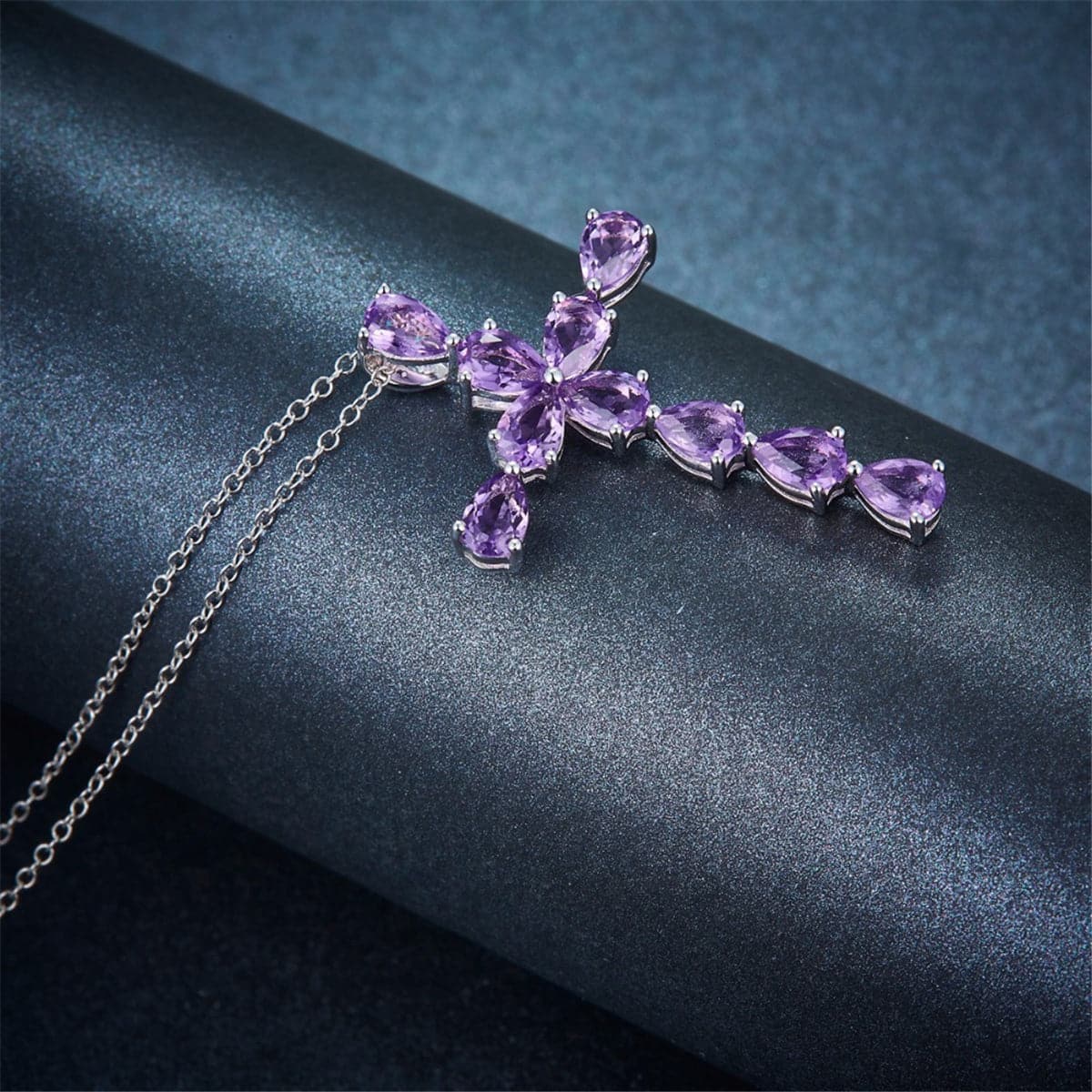 Purple Crystal & Silver-Plated Pear Cut Cross Pendant Necklace