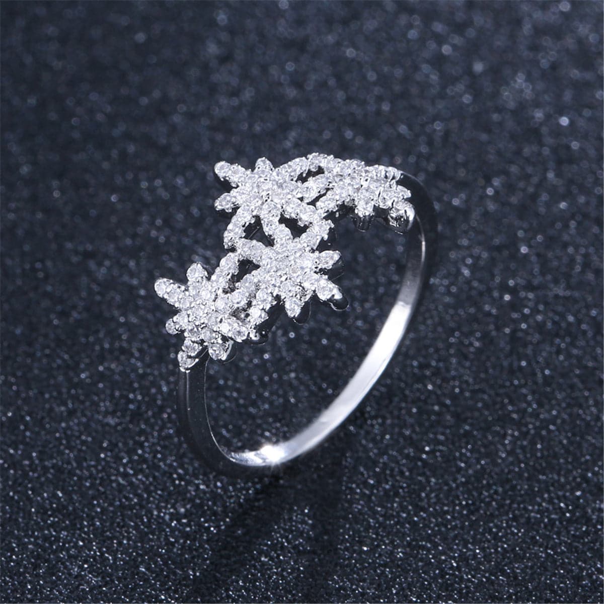 Cubic Zirconia and Silver-Plated Snowflake Ring, silver statement rings for women, everyday style, detail close-up