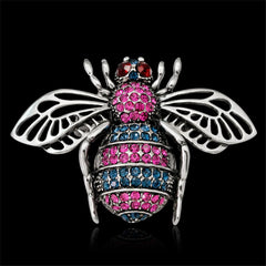 Pink & Black Cubic Zirconia & Silver-Plated Bee Brooch