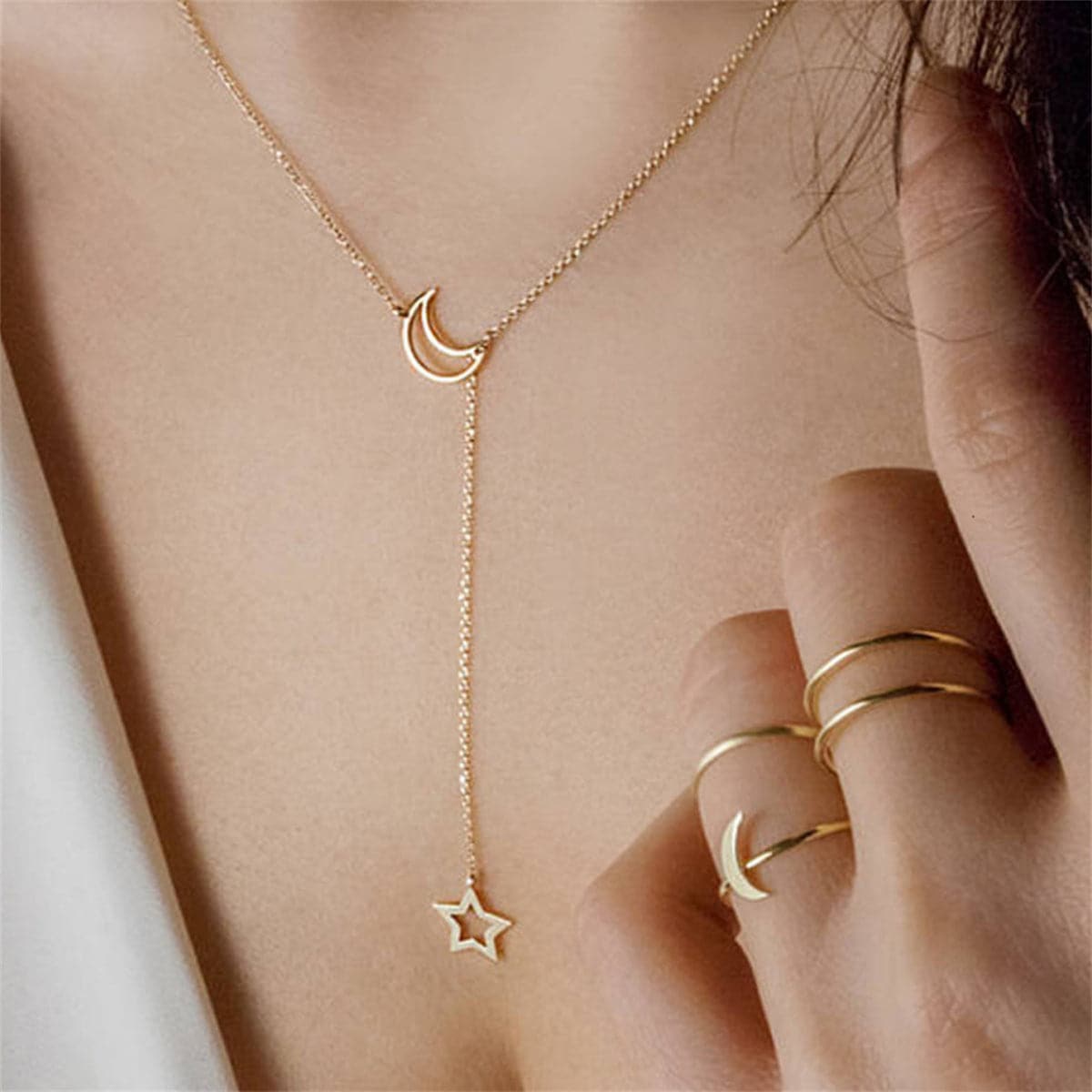 18K Gold-Plated Openwork Celestial Lariat Necklace, gold pendant necklace for women, botanical inspired, lifestyle look