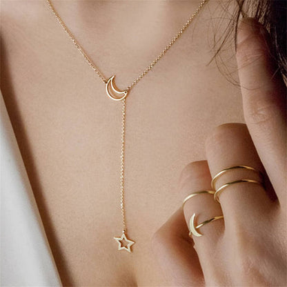 18K Gold-Plated Openwork Celestial Lariat Necklace, gold pendant necklace for women, botanical inspired, lifestyle look
