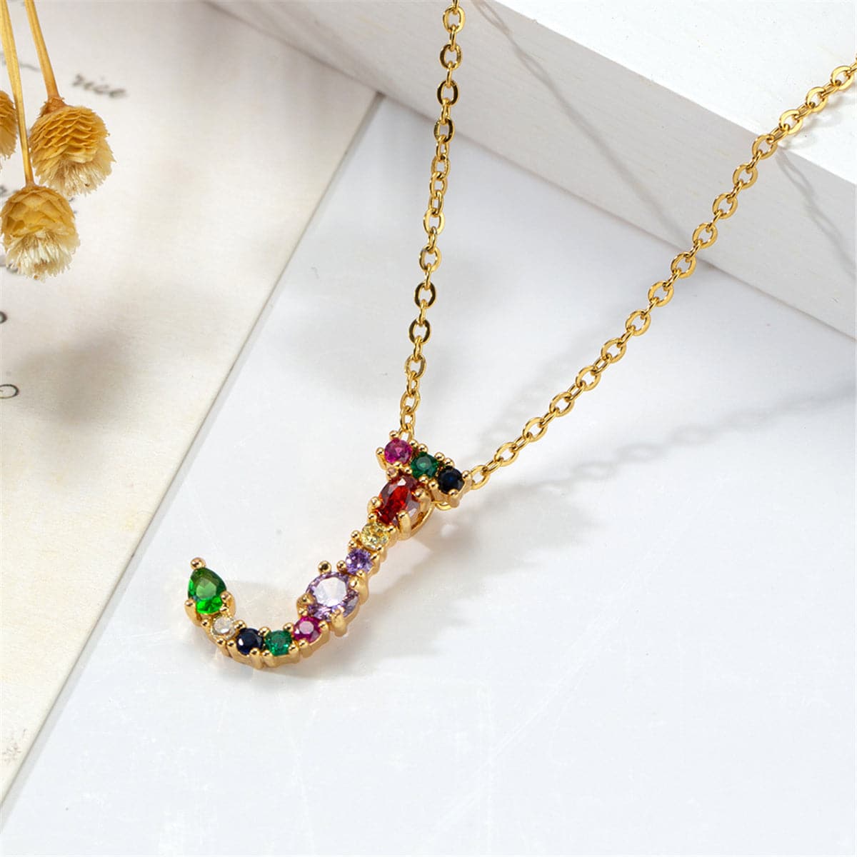 Red Multicolor Crystal and Cubic Zirconia Letter J Pendant Necklace, pendant necklace for women, everyday style, front view