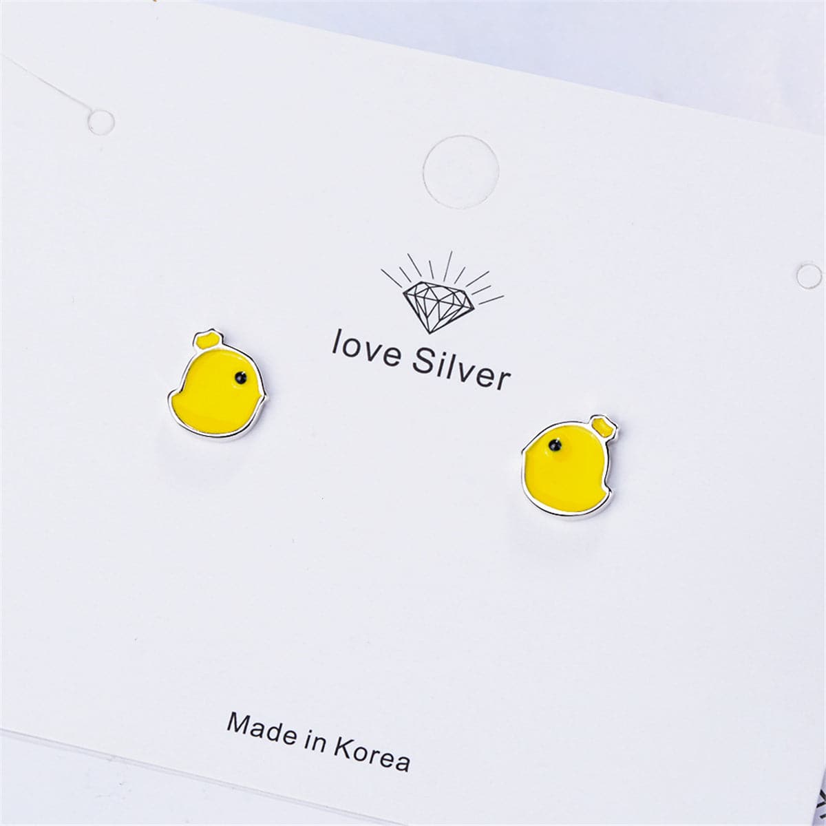 Yellow Enamel & Silver-Plated Chicken Stud Earrings