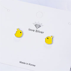 Yellow Enamel & Silver-Plated Chicken Stud Earrings