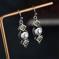 Green Crystal & Imitation Pearl Square Drop Earrings - streetregion